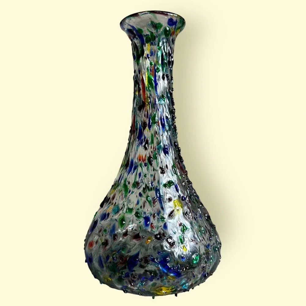 Clear And Colorful Hand Blown Slim Neck Confetti Glass Vase Home Decor 10” Tall